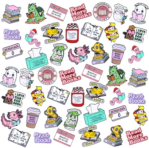 Landical 60 Pcs Book Enamel Pins for Backpacks Christmas Bookish Book Lovers Club Gifts Bulk Cute Bookworm Lapel Pins Frog Dinosaur Duck Badge Brooch for Hats Bags Lanyards Clothing