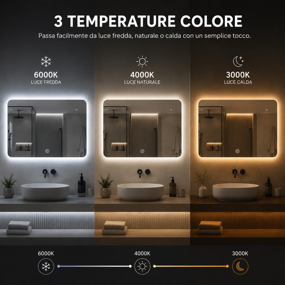 Shally Dogan Specchio Rettangolare da Parete con Led Dimmerabile a 3 Colori, Bianco Freddo, Caldo e Naturale, Accensione con Touch, Decorazione da Muro Design Moderno e Salvaspazio, 70 x 50 cm