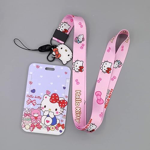 Miniatura 3 de Cordón de gatito con soporte para tarjeta de identificación, clip de identificación de gatito rosa de dibujos animados de Hallo, colgante Kawaii 3D