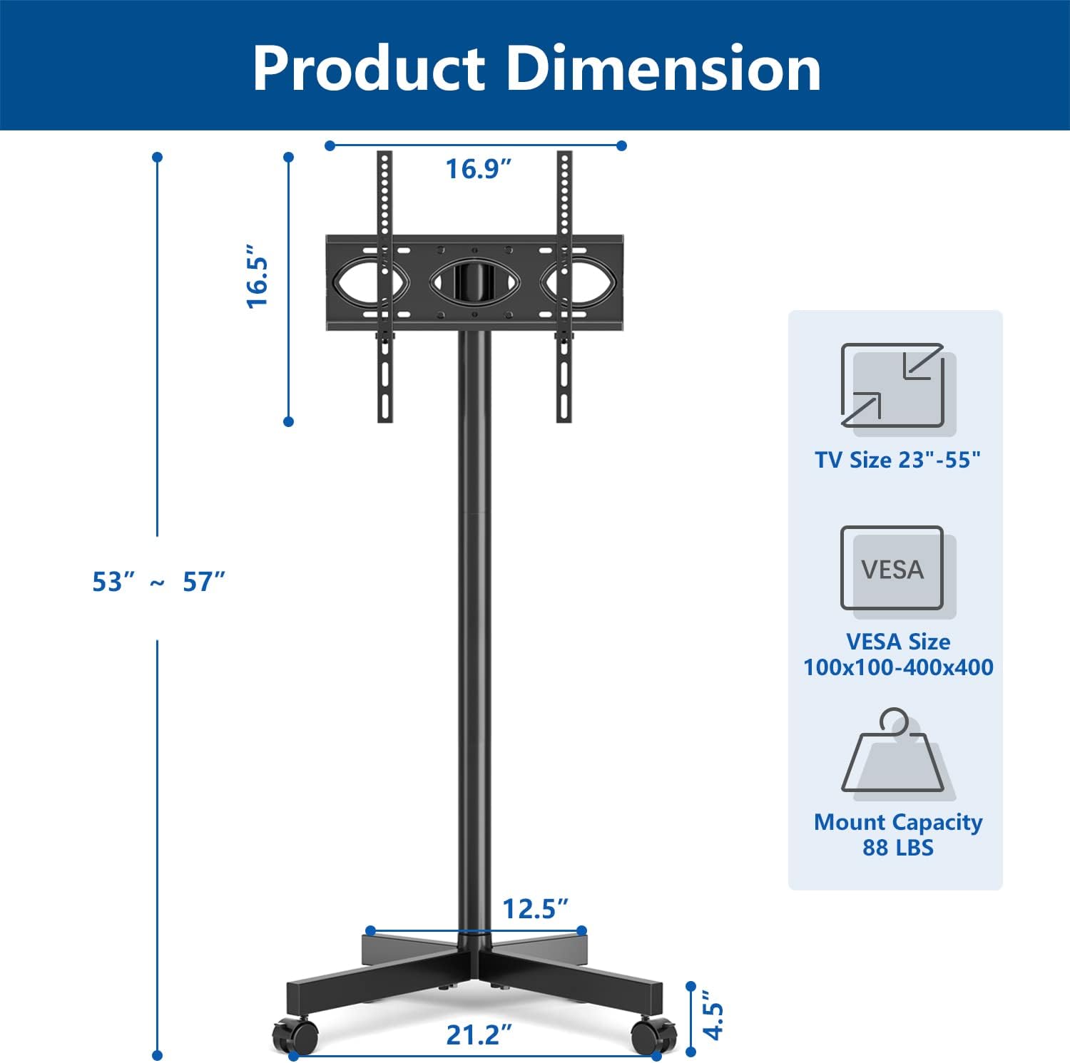 Mobile TV Cart Rolling Floor Stand for 23-55 Inch LCD LED OLED 4K Smart TVs up to 88 lbs, Height Adjustable Outdoor Metal Trolley Stand with Locking Wheels and Tilt Mount for Home Office Portable Use:  Electronics