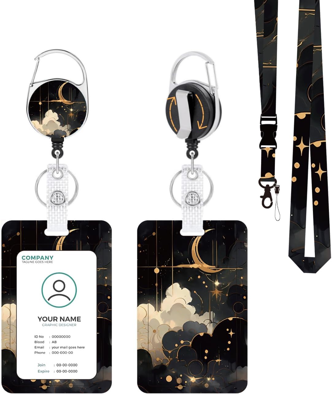 ID Badge Holder with Lanyard, Detachable Lanyard and Retractable Badge Reel Clip, Vertical ID Protector Bage Clips for Man Woman Nurses Students Teachers Office Workers - Black Gold Celestial