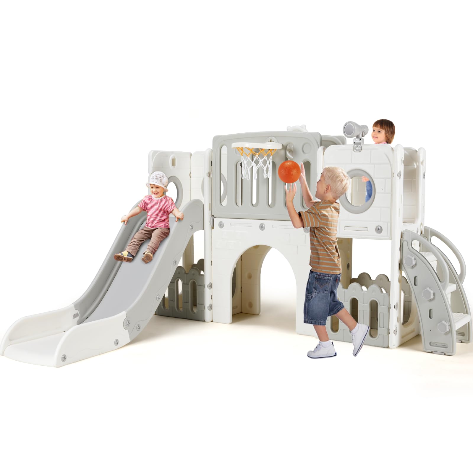 Arlopu 9 in 1 Large Toddler Slide, Kid Playset w/Long Slope, Baby Climber Set w/Basketball Hoop, Telescope, Tunnel, Storage Space, Enclosed Steps, Indoor Outdoor Playground for Ages 3+