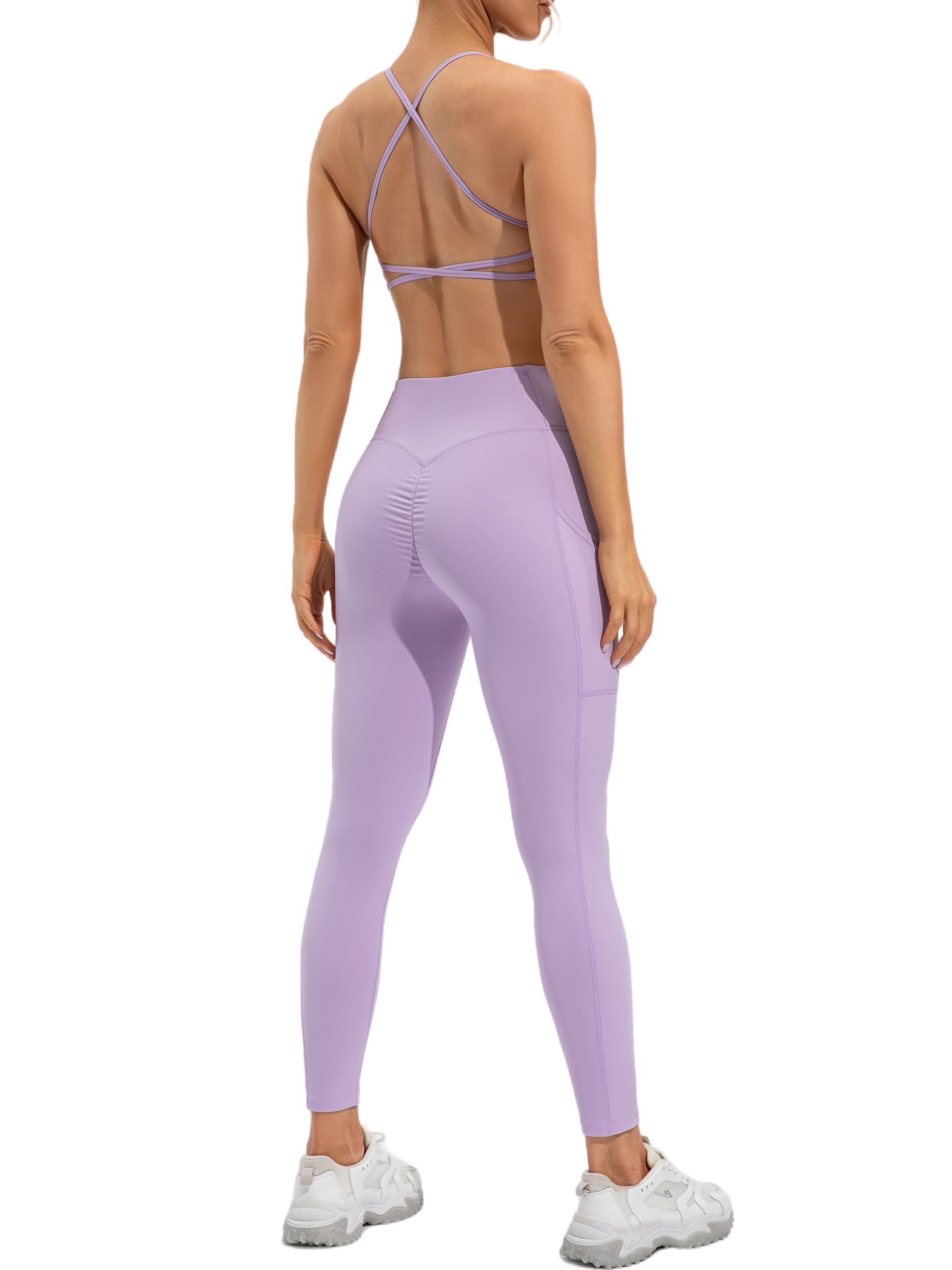 ABOCIW Workout Sets for Women Scoop Neck Cross Back Sport Bra Crossover High Waist Leggings with Pockets Scrunch