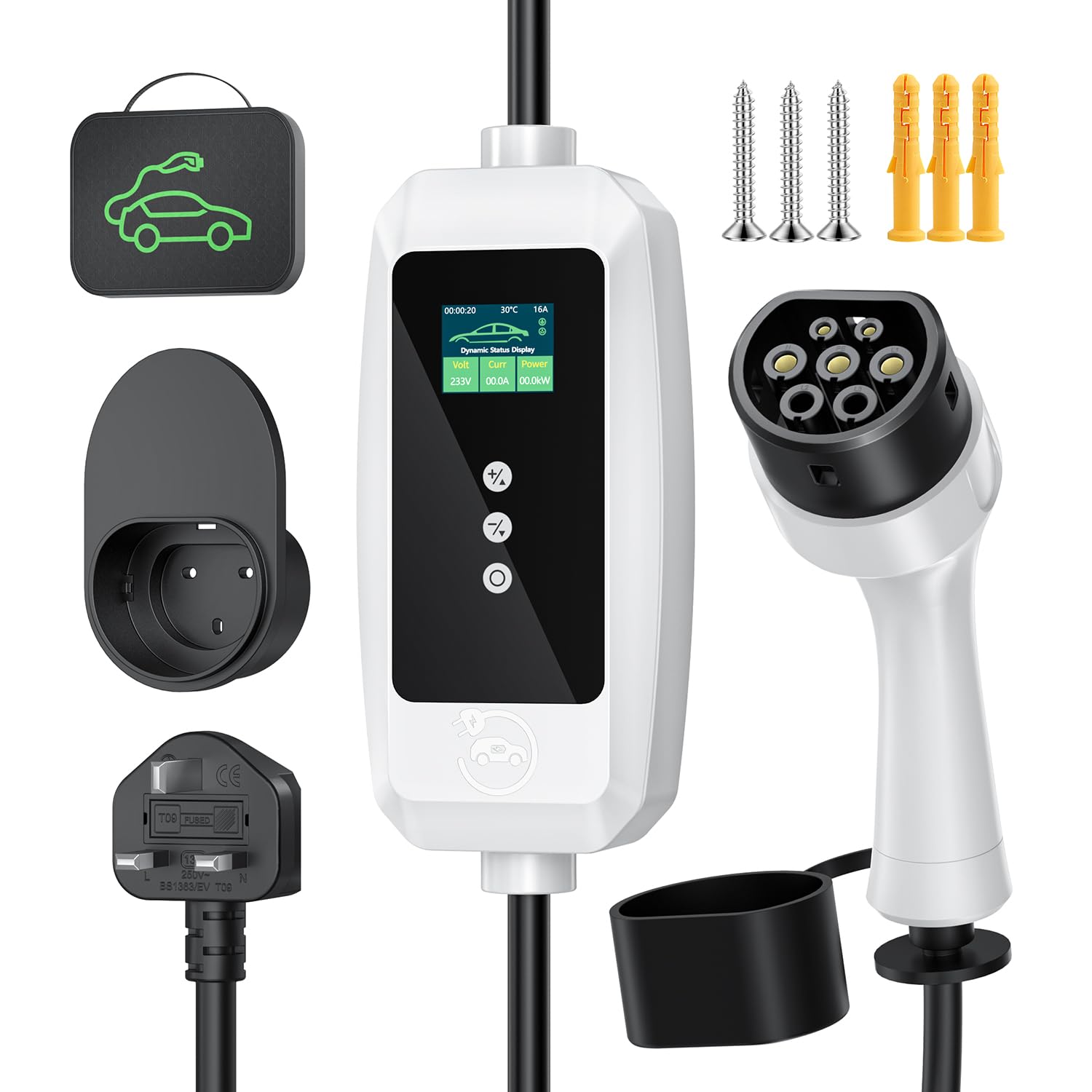 FINATAER Type 2 EV Charger Cable to 3 Pin Plug, 2.99kW 6M Portable EV Charger, 6-13A Adjustable Current, LED Display, Timing Delay, IP66/IP65, Carry Bag & Cable Holder for EVs and PHEVs