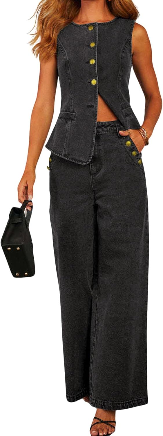 loveimgs Women 2 Piece Denim Set Button Sleeveless Jean Vest Denim Top Y2k Shirt Wide Leg Jeans Palazzo Pants Outfits