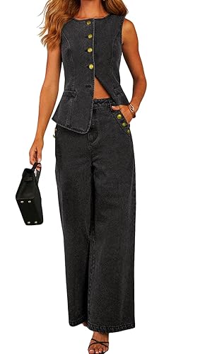 loveimgs Women 2 Piece Denim Set Button Sleeveless Jean Vest