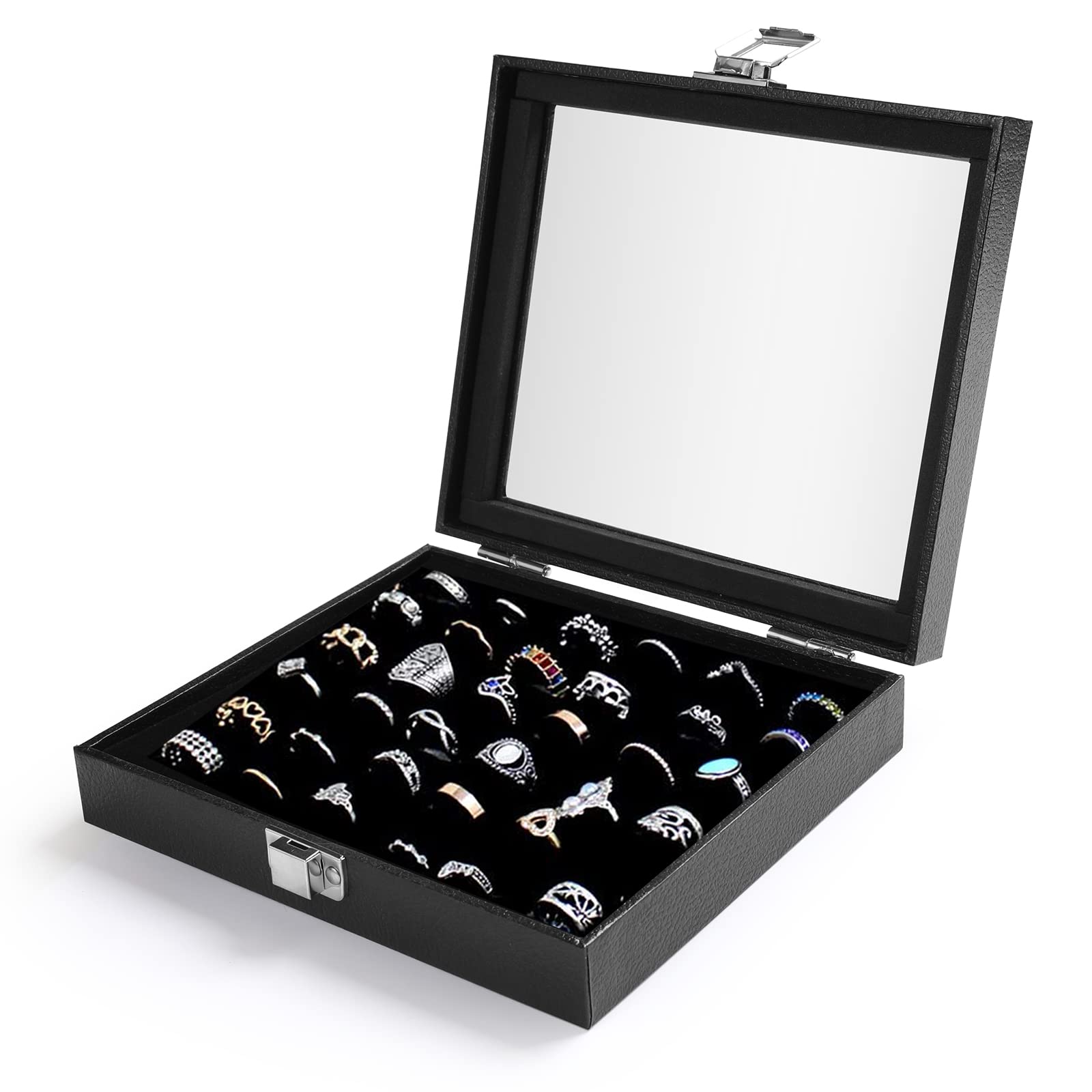 Boîte de rangement pour bijoux en bois noir à 36 compartiments avec couvercle en verre