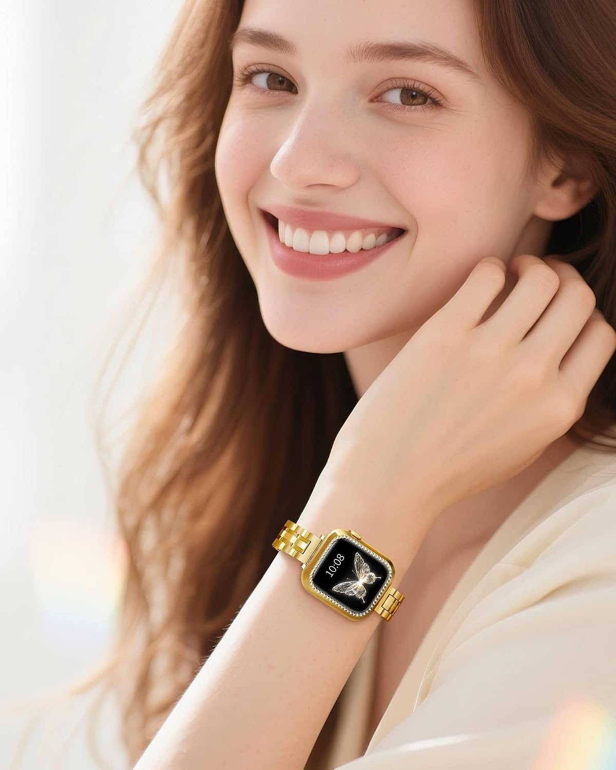 Gold Solid Stainless Steel Metal Band Compatible with Apple Watch 45mm 44mm 42mm 41mm 40mm 38mm, Bling Diamond Case for iwatch Strap Bands for Women & Men Series 9 8 7 6 5 4 3 2 1 SE