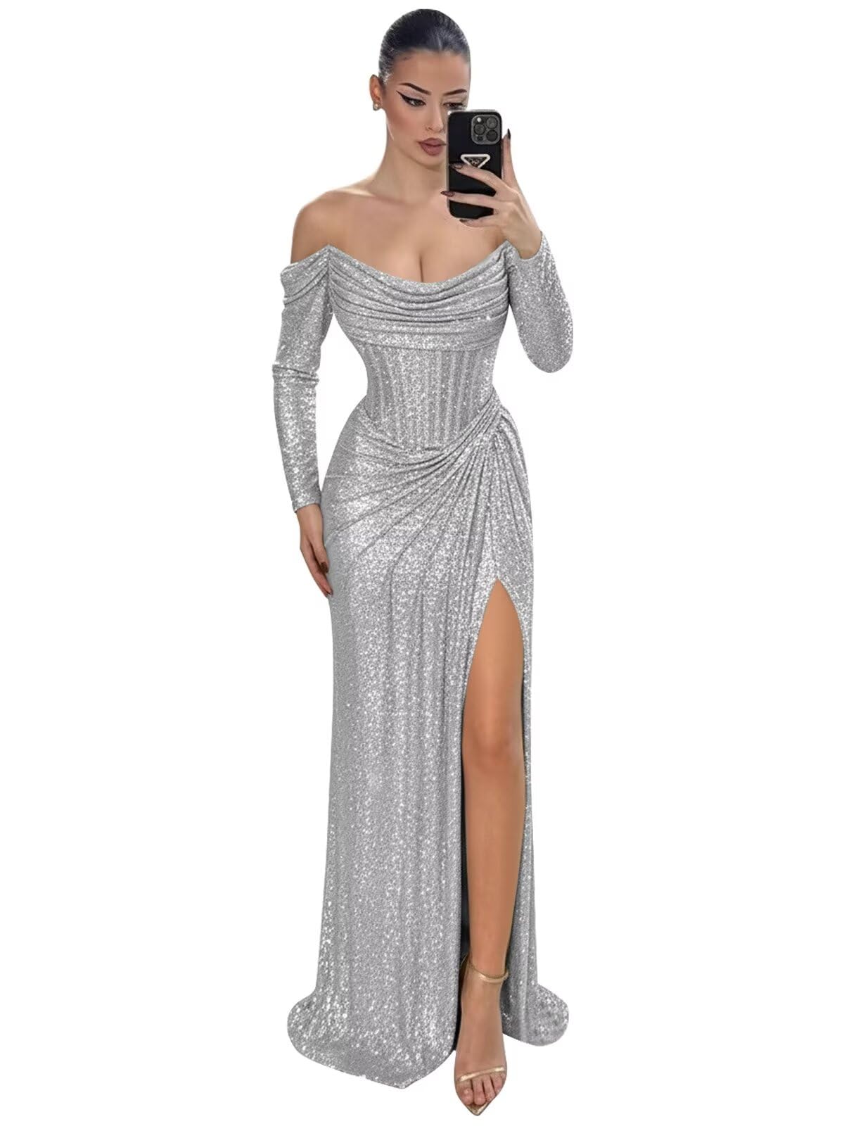 Off The Shoulder Long Sleeve Prom Dress Sparkly for Women 2026 Mermaid Formal Evening Gown with Slit