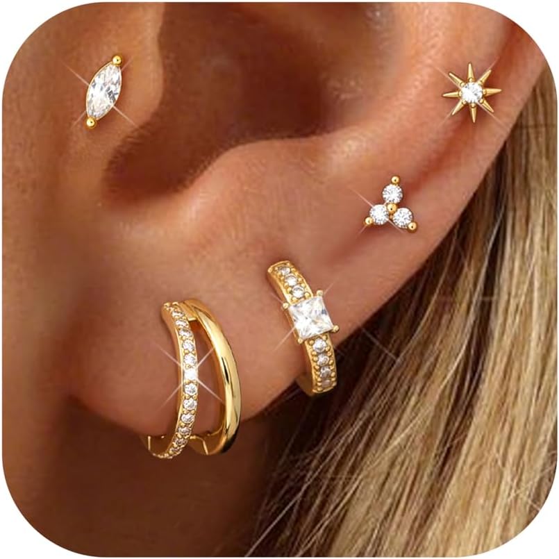 ZELORES 5 Pairs Gold Cartilage Huggie Hoop Earrings Hypoallergenic Stainless Steel Flat Back Stud Earrings for Women Trendy Small Hoops Flatback Earring Sets for Multiple Piercing