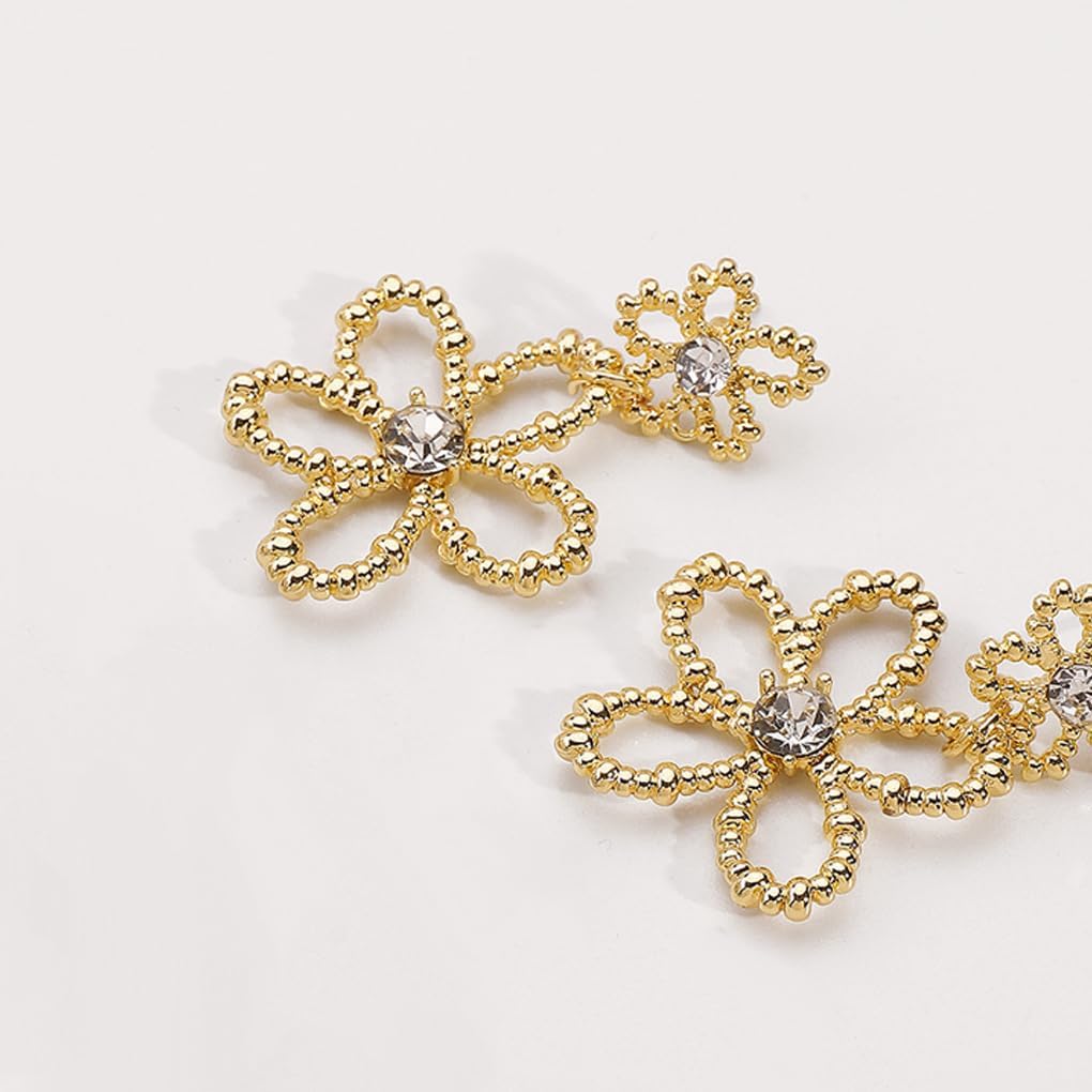 Flower Earrings for Women Dainty 14K Gold Rhinestone Flower Dangle Earrings Lightweight 2 Layered Tiered Hollow Floral Drop Earrings Jewelry Presents - Image 5
