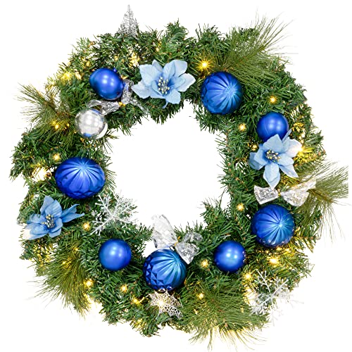 Image of GloBrite 60cm Winter Land Christmas Wreath with 20 Warm White LED Lights Baubles Flowers- Battery Operated Ornaments Indoor Outdoor Decor for Xmas, Party, Wedding Home Garden Decoration