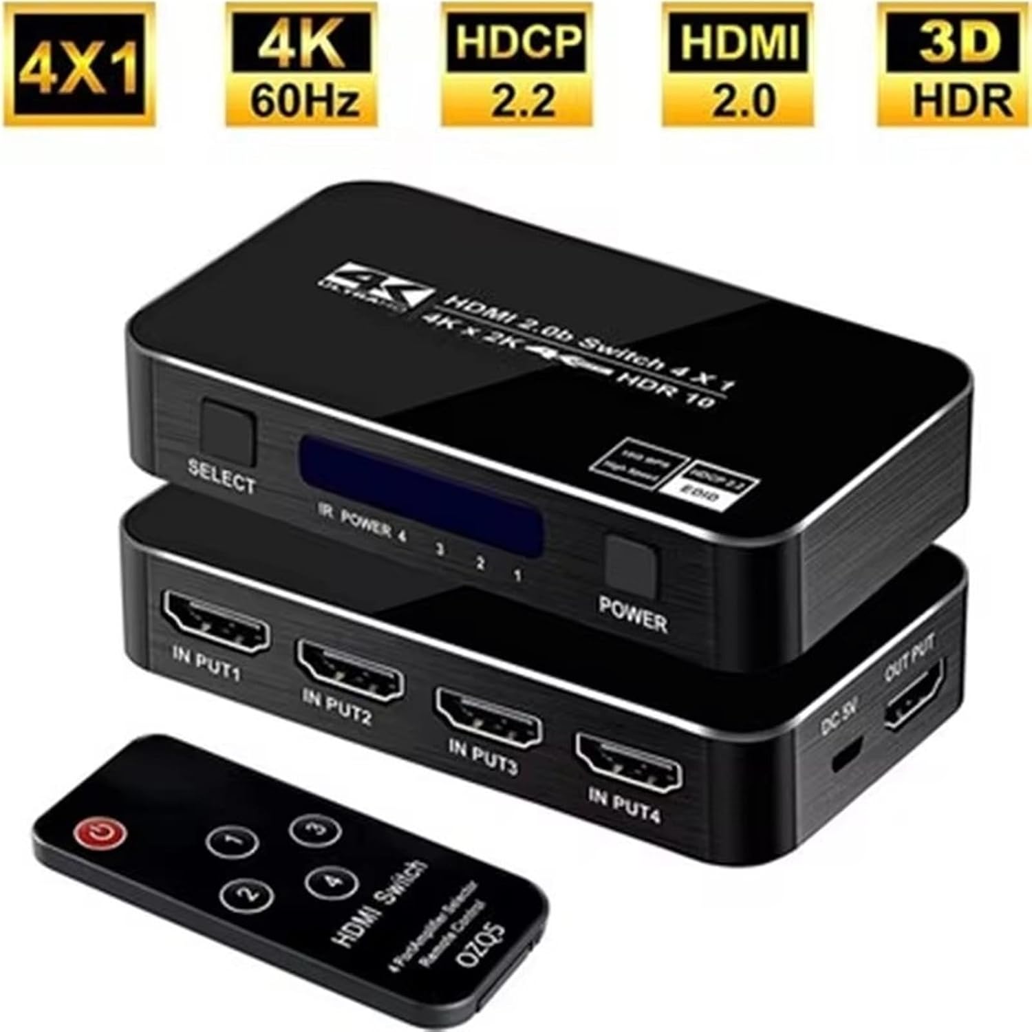 4K HDMI Switch 2.0 Support RGB 444 HDR HDMI Switch 4K 60Hz HDMI 2.0 Switch Remote IR UHD 4 Port HDMI Switch Switcher(EU Power Plug)