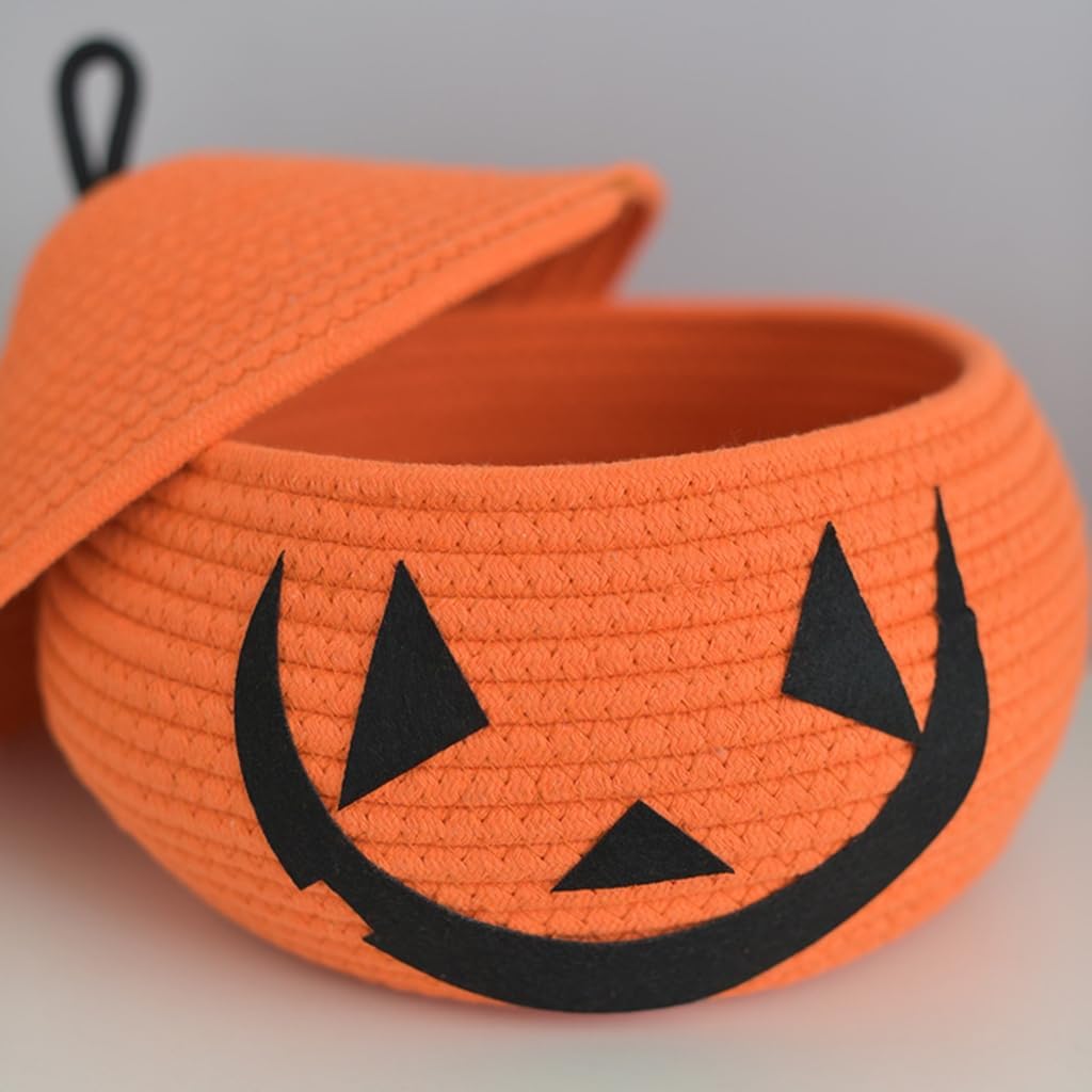 Decorative Cotton Woven Pumpkin Basket with Cover Seasonal Storage Organiser
