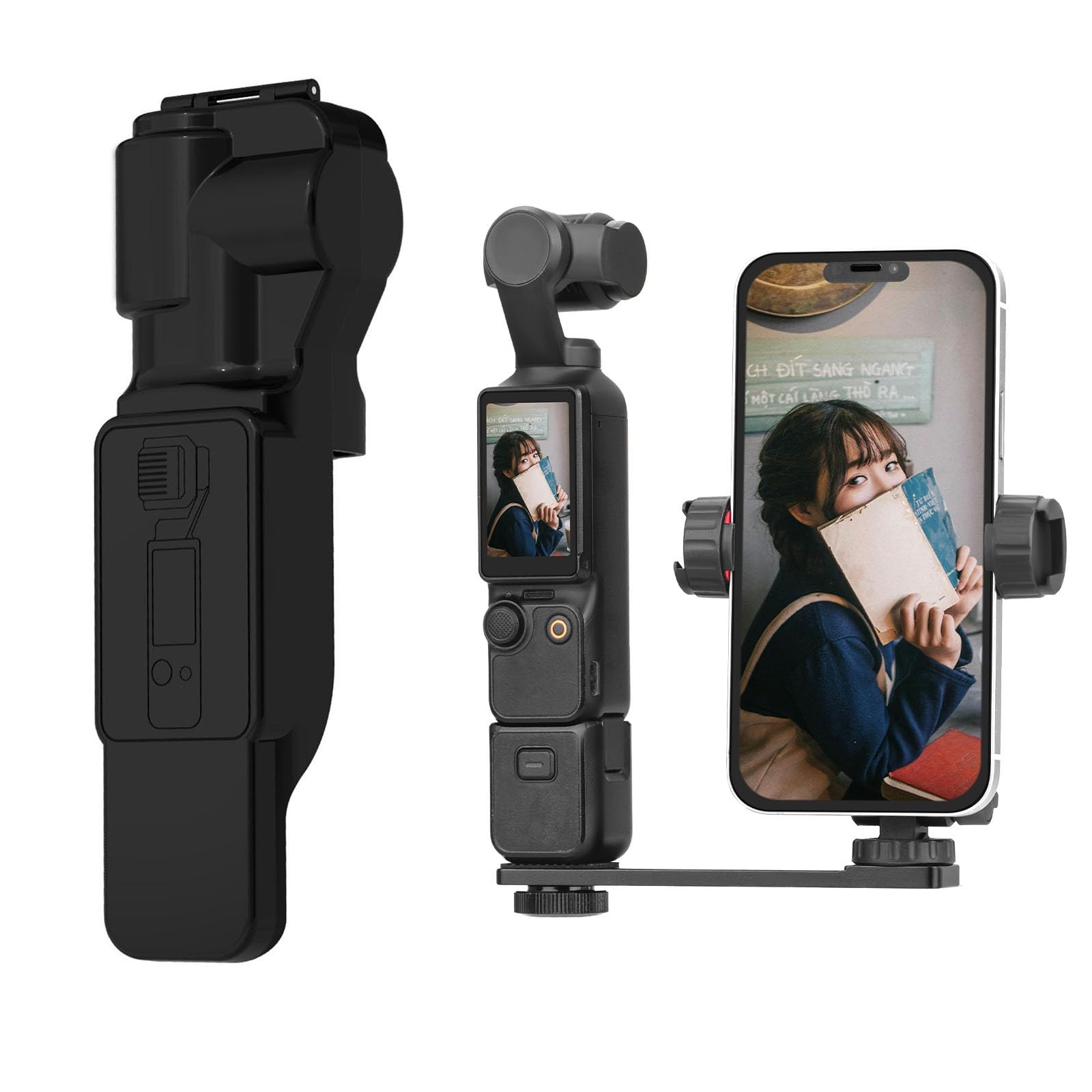 BRDRC Pocket 3 Protective Cover Case & Phone Holder Mount, Gimbal Lens Cap with Metal Adapter for DJI Osmo Pocket 3 Creator Combo - Compatible with Tripod Selfie Stick (Black)