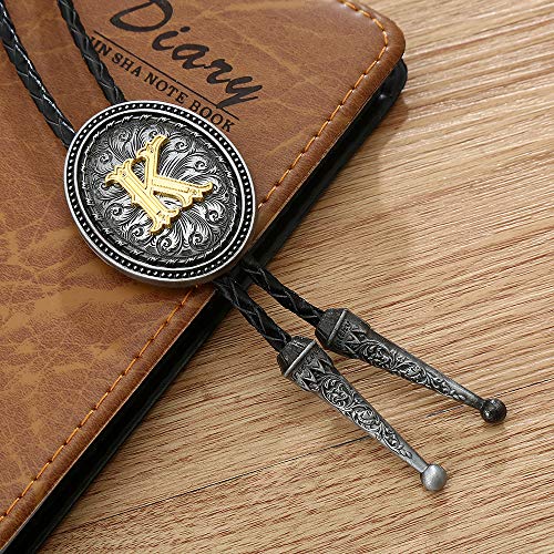 KDG bolo tie for man Golden Initial A to Z oval shape Antique silver blackground