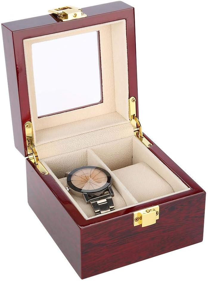 2 Grids Watch Box Watch Box, Mens Wrist Watch Storage Case with Metal Lock and Soft Pillows for Jewelry Watches Collection Display, Piano Baking Finish and Transparent Cover