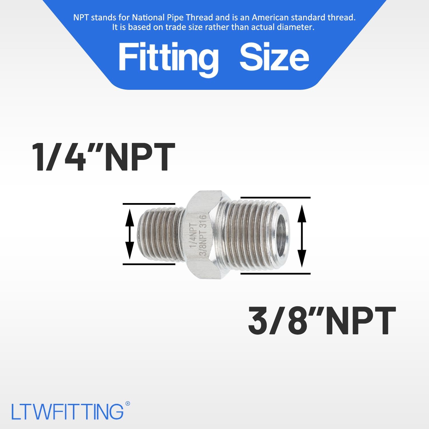 LTWFITTING Class 3000 Stainless Steel 316 Pipe Hex Reducing Nipple Fitting 3/8" x 1/4" Male NPT (Pack of 5)