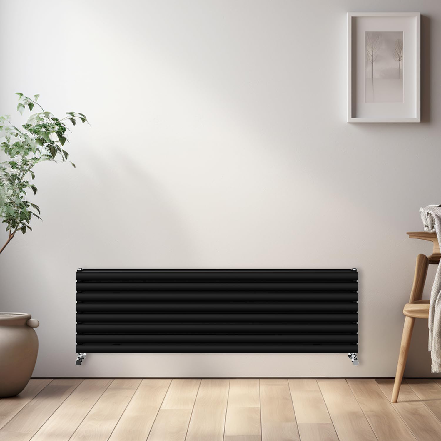 NRG Horizontal Oval Radiator Bathroom Central Heating Double Column Designer Radiators 1600x472mm - Black