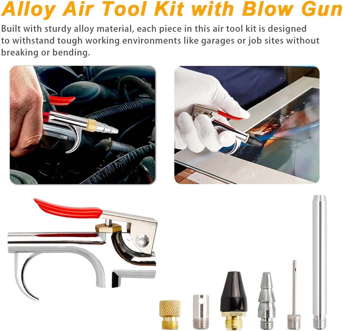 7PCS Air Compressor Accessories Kit, 1/4" NPT Quick Connect Air Tool Set for Compressor, Includes Blow Gun, Extension Nozzle, Rubber Tip, Inflation Needles & Adapter – Alloy Construction