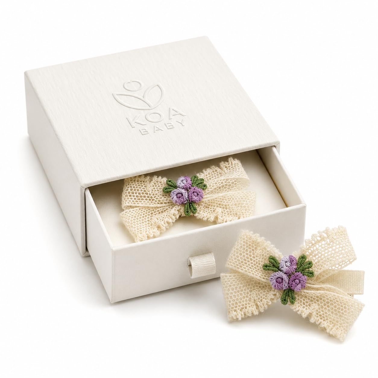 Handmade Lace Bow Hair Clips for Baby Girls, Vintage Cottagecore Ivory Barrettes with [Pink/Blue/Lavender] Floral Center, Toddler Alligator Clips in Luxury Gift Box (1 Pair) (Blue Floret)