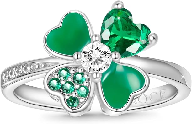 GNOCE Patricks Day Irish Four Leaf Clover Shamrock Adjustable Rings for Women Heart 925 Sterling Silver Prom Fashion Green Love Open Ring Diamond Crystal Emerald Jewelry