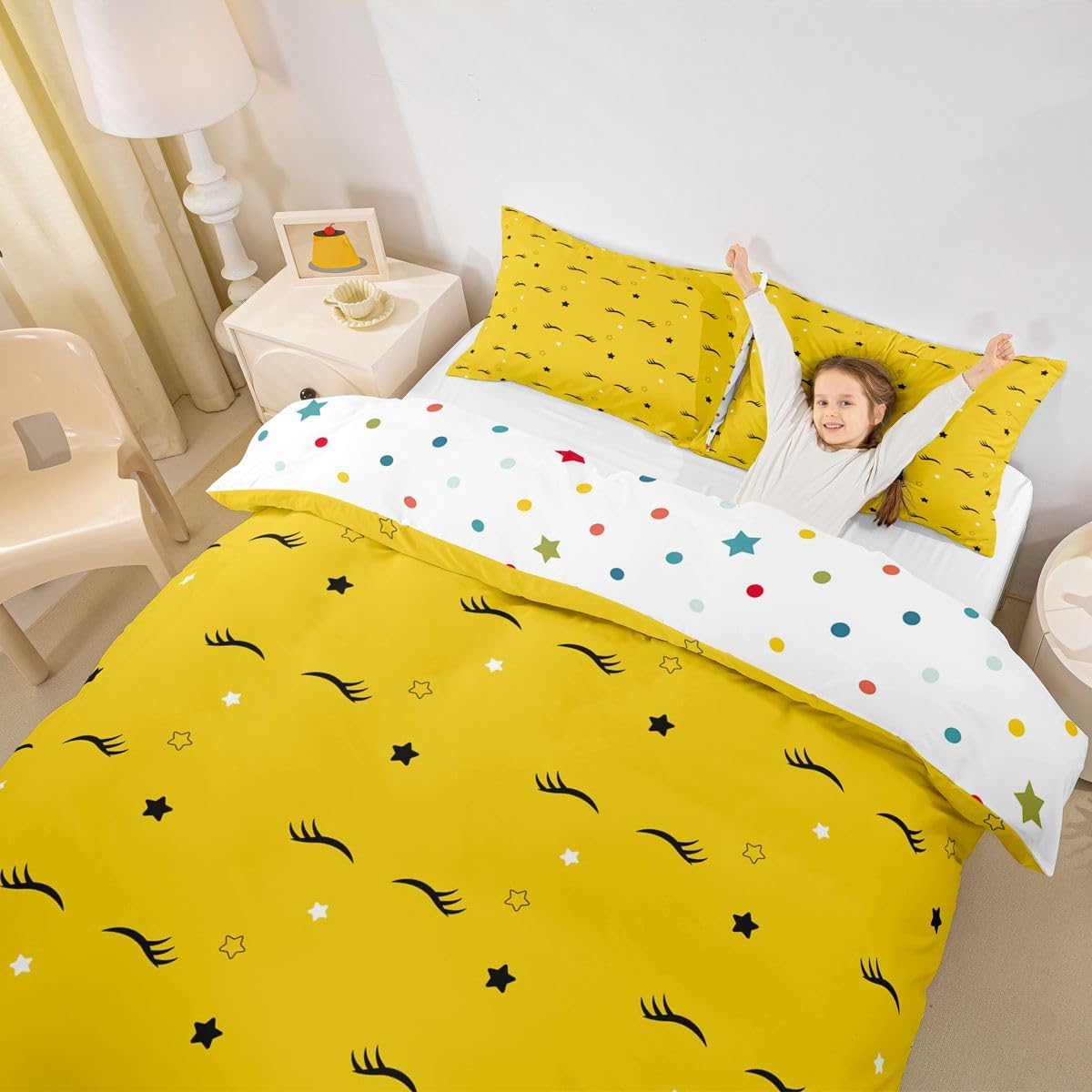 3 Piece Eyelash Duvet Cover and Pillow Shams Girls Cute Cartoon Bedding Set, Soft and Comfortable Graceful Reversible Durable Comforter Cover Kids Room Bed Accessories (Full Size,Yellow,Grey)