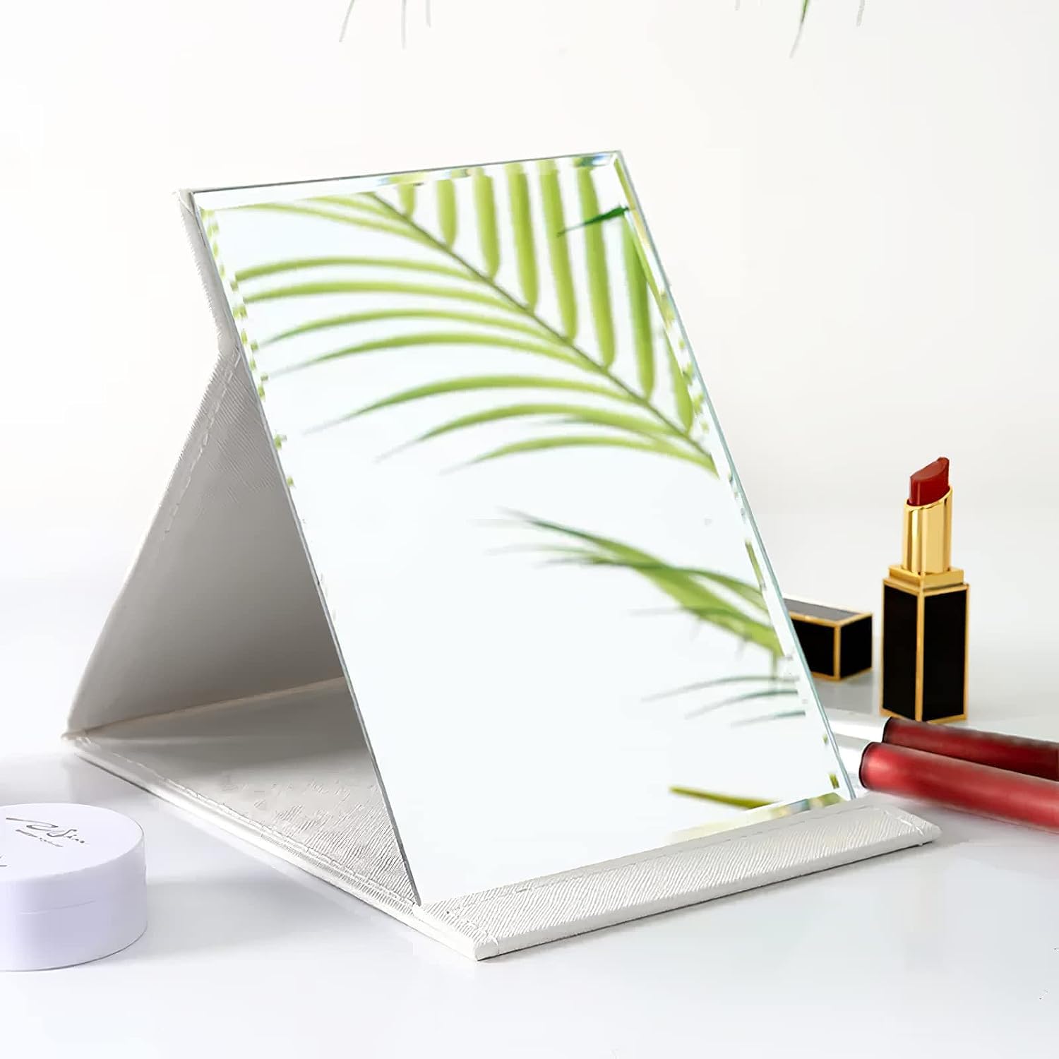 yomith Folding Tabletop Mirror, Portable Folding PU Leather Makeup Mirror, Free Standing Vanity Desktop Mirror, for Office Desk, Vanity Table, Travel, Camping (White 1 PCS)