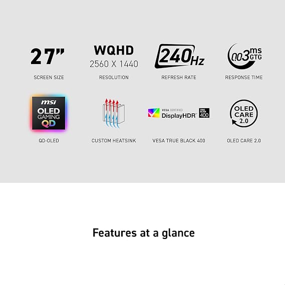 MSI MAG 273QP QD-OLED X24 26.5 Inch WQHD Gaming Monitor - 2560 x 1440 Quantum Dot Panel, 240Hz / 0.03ms, 99% DCI-P3, ΔE≤2, DisplayHDR True Black 400, DP 1.4a, HDMI 2.1