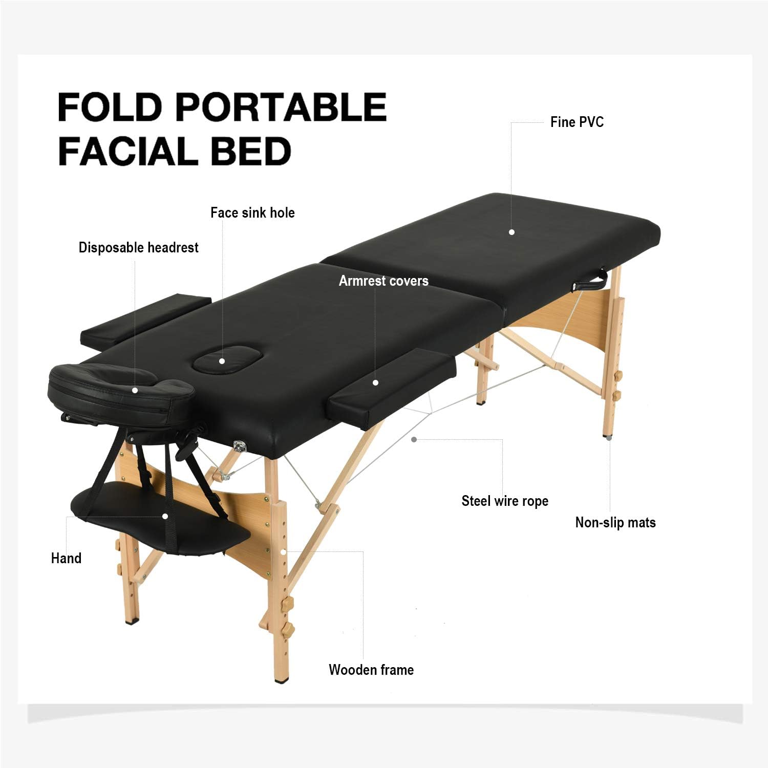 Diagram of the Wuiil Uenjoy Folding Massage Table components including face sink hole, armrest covers, steel wire rope, non-slip mats, and wooden frame