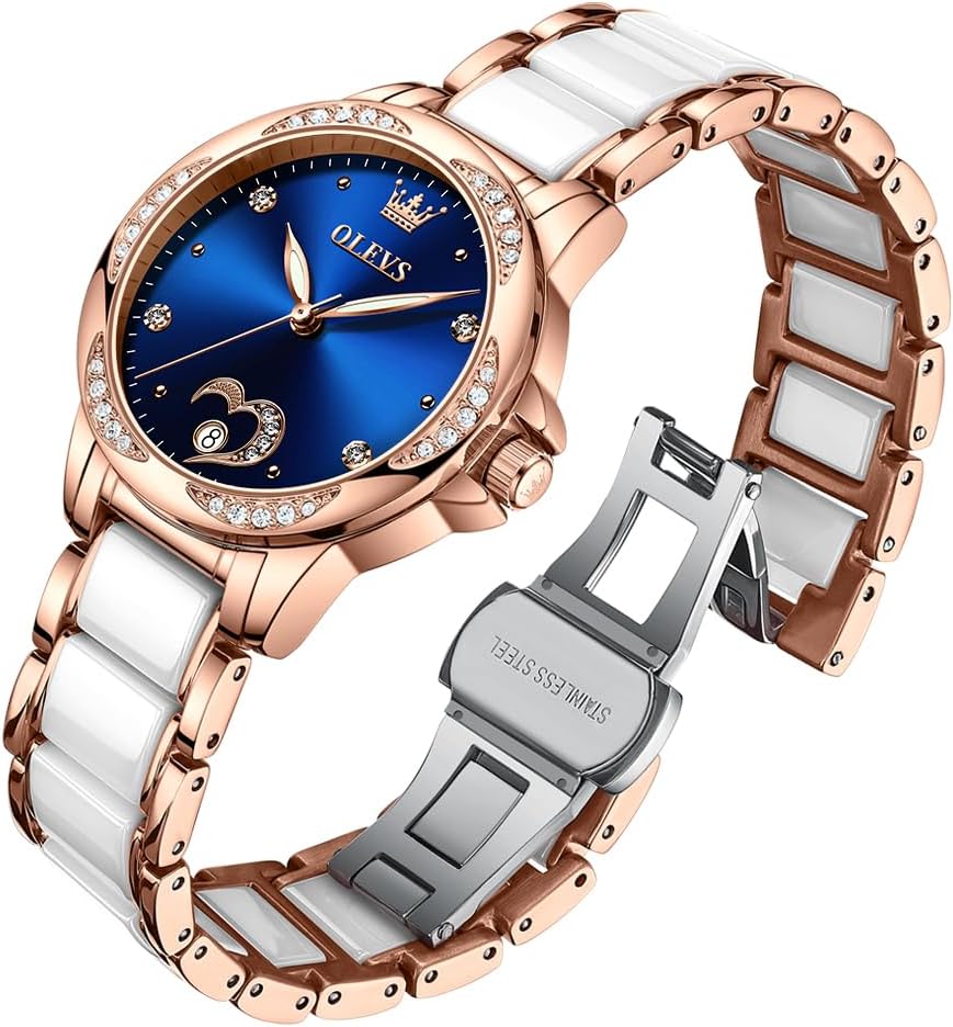 OLEVS Automatic Watch for Women Luxury Diamond Rose Gold Ladies Self Winding Mechanical Ceramic Wrist Watch Love Heart Date - Image 2