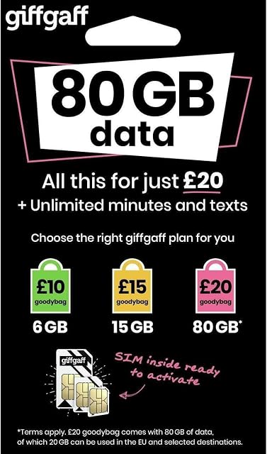 Giffgaff SIM Card. 80 GB Data, Unlimited Minutes and Texts. Topup Lasts 30 Days