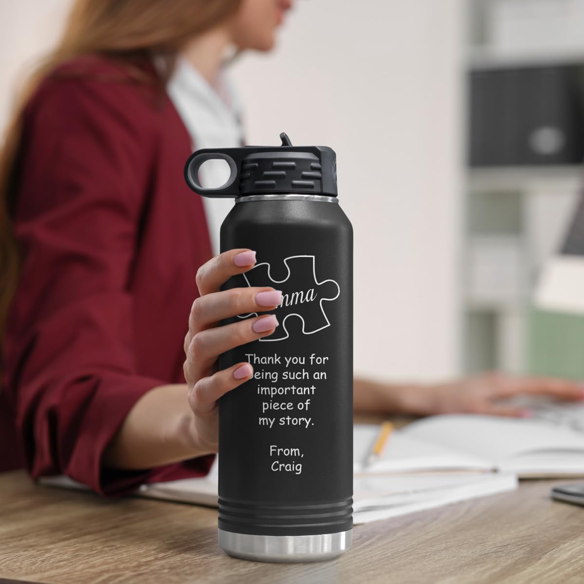 PlaqueMaker Personalized Thank You For Being A Piece of My Story Coffee, Tea, & Water Mugs, Cups, & Travel Tumblers - Great Gifts For Teachers, Leaders, & Mentors (32-OZ Water Bottle, Black)