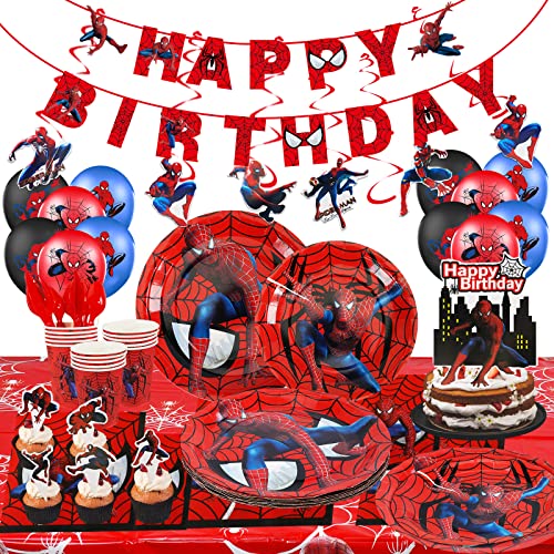 Spider Birthday Decorations, Superhero Spider Party Supplis Include Plates Napkins Cups Tablecloth Hanging Swirls Garland For Banner, Kids Birthday Party Supplies #TOP27