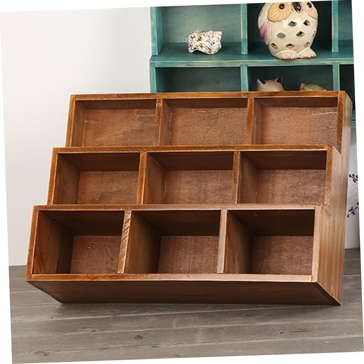 Vintage Solid Wood Display Cabinet 9 Compartments Multi-Functional Storage Shelf for Cosmetics and Figurines Wall-Mount or Tabletop Use Retro Style