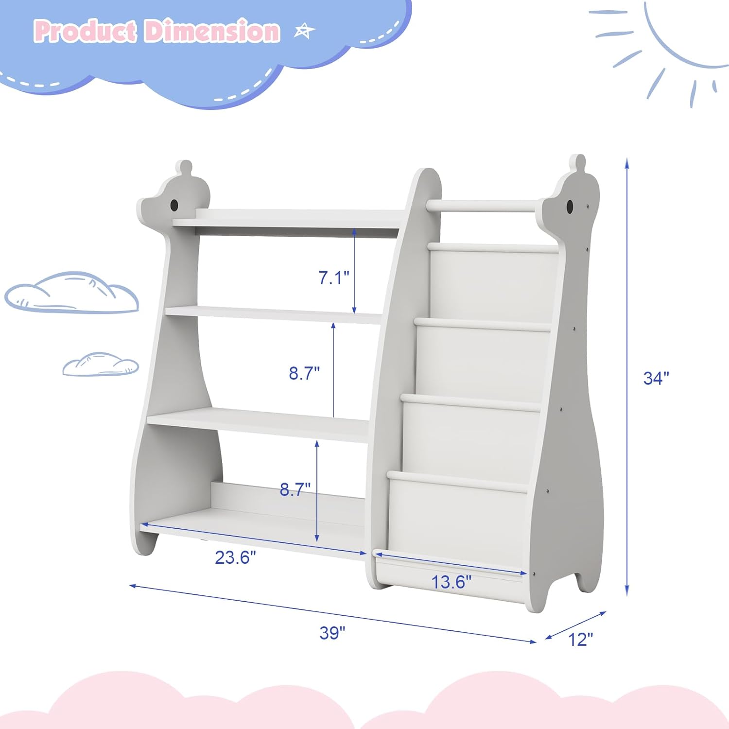 NACHES 4-Tier Kids Bookshelf 4 Layer Sling Bookcase Toddler Book Display Shelves Baby White Deer Book Rack for Kids Room, Playroom, Nursery and Kindergarten