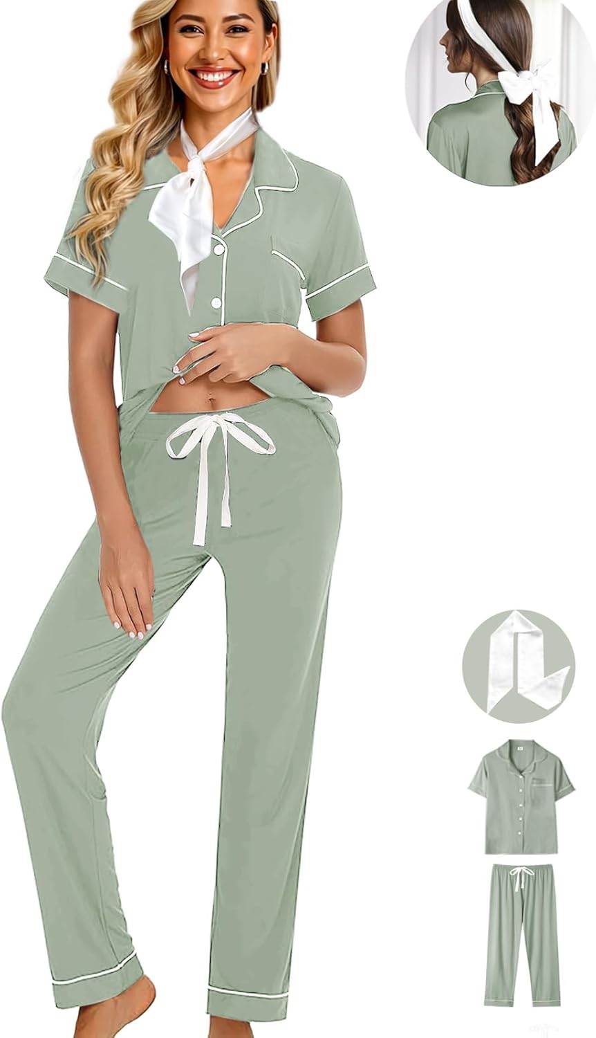 Womens Pajamas Set 3Pcs Pajama Sets Soft Sleepwear XS-XXL Button Down Lounge Sets Nightwear Long Pants Pjs Sets - Image 5