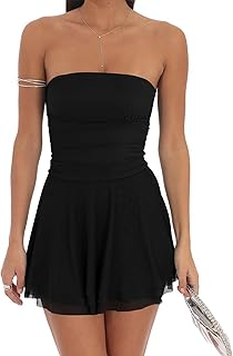 GOKATOSAU Women's Summer Ruffle Hem Sheer Mesh Strapless Tube Bodycon Ruched Flowy Mini Dress - Buy now