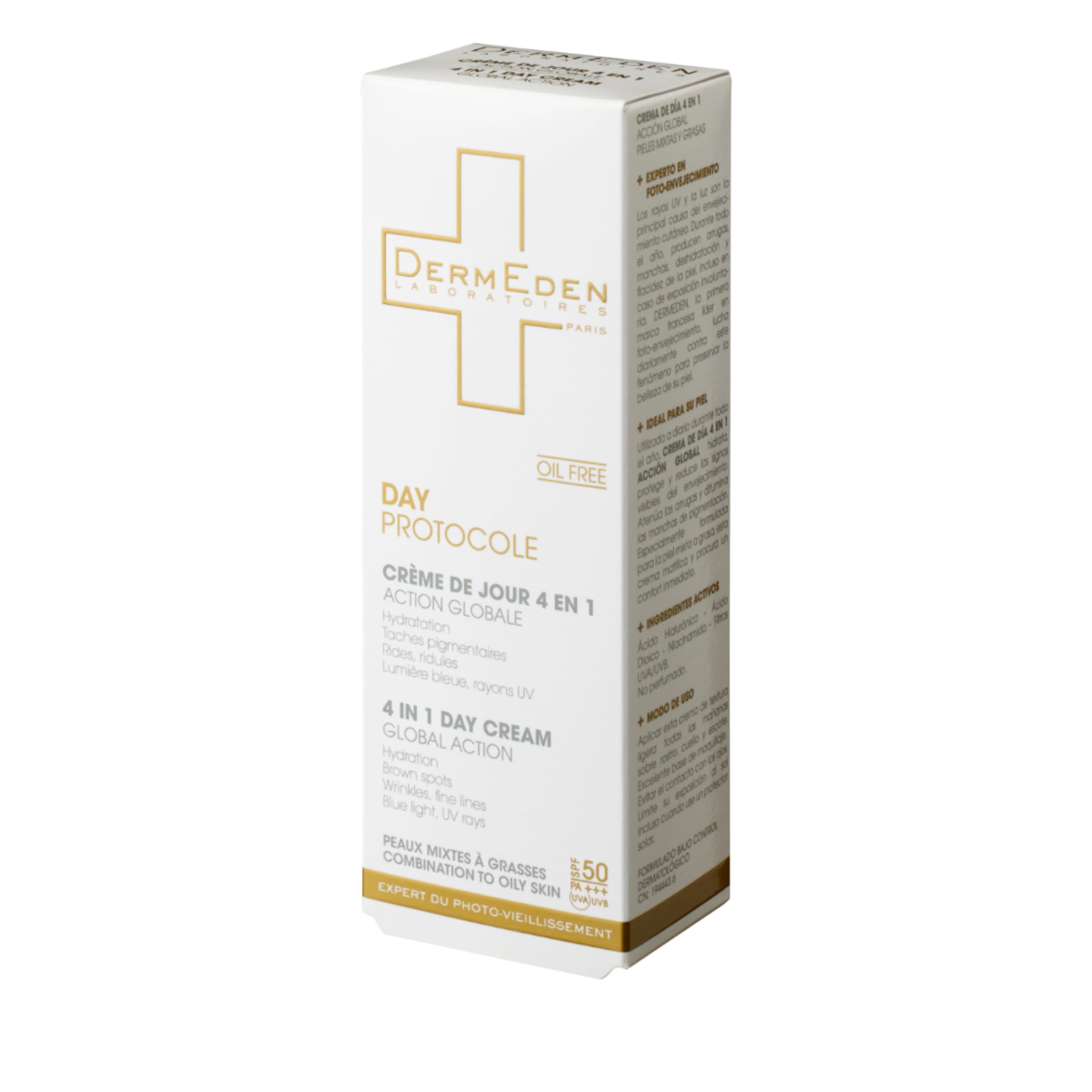 DermEden - Crema da giorno 50 ml per pelli da miste a grasse SPF 50-4 azioni in 1 - Protezione completa contro gli effetti nocivi della luce - Anti-macchie e anti-infiammatorio - Prodotto in Francia