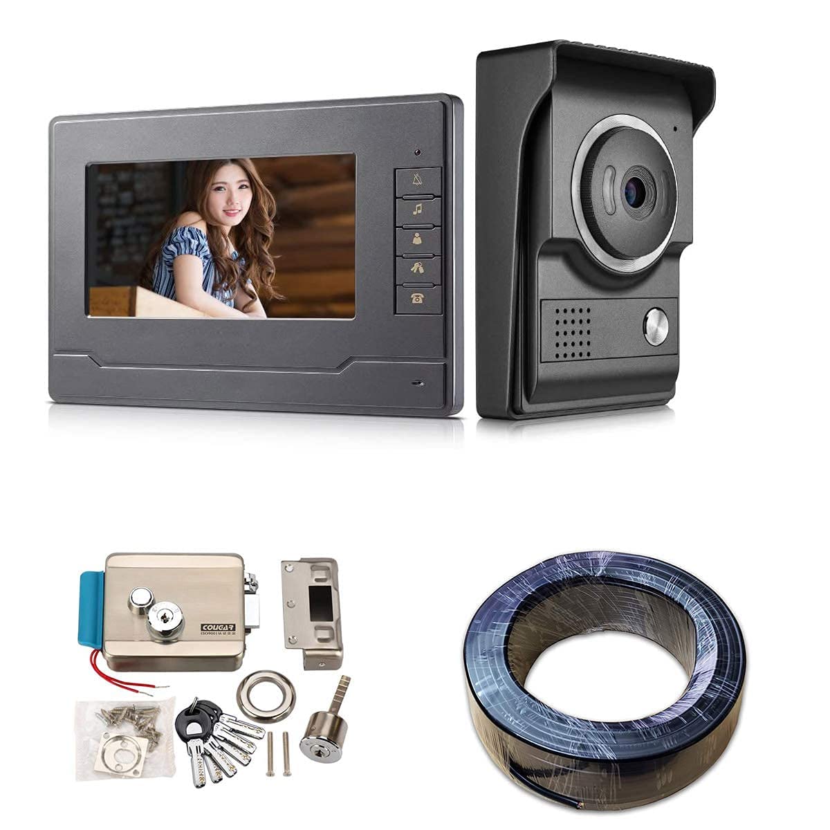 AMOCAM Video Intercom System, 7 Inches Monitor Video doorphone Doorbell System, + Electric Door Lock + 150FT RVV4 Wire/Cable