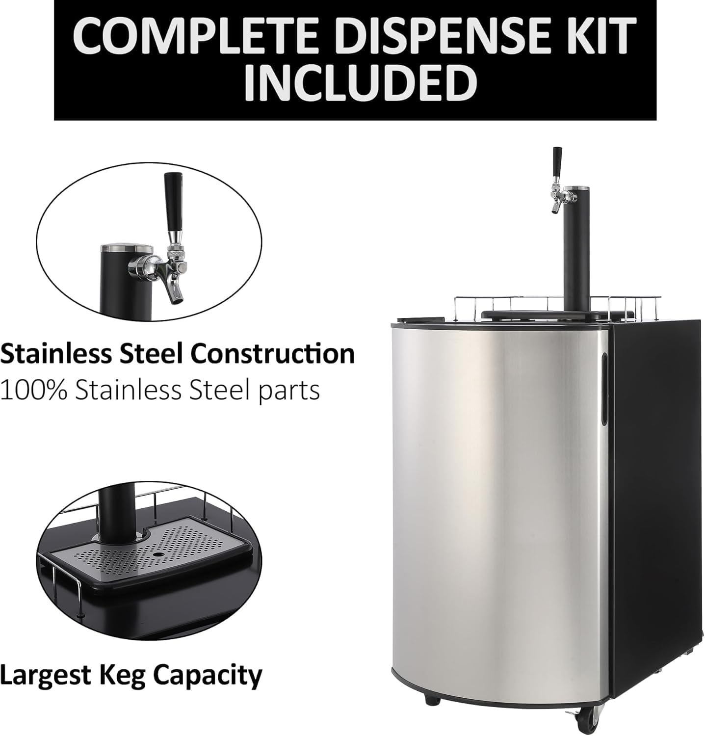 Beer Kegerator,Full Size Stainless Steel Keg Refrigerator with Drip Tray,Single Tap Draft Beer Dispenser