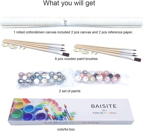 Miniatura 214 de Baisite 1112 Pintura por números, para adulto, principiante, niño, 12 pulgadas de ancho x 16 pulgadas de largo, 2 lienzos, 8 pinceles de madera