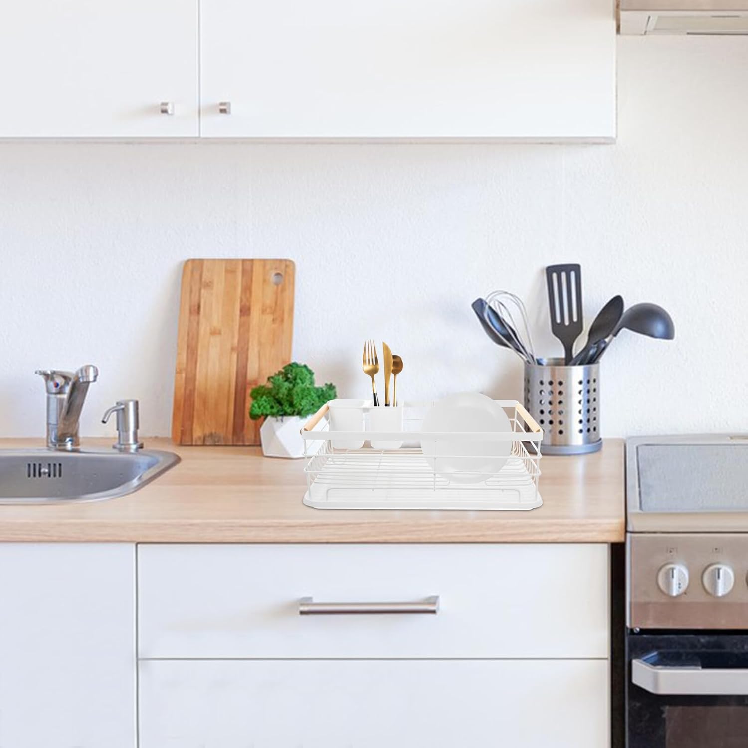 Zerodeko Dish Drying Rack Kitchen Countertop Dish Drainer with Large Capacity Iron Frame and Drain Tray White Multifunctional Plate and Bowl Organizer for Home Sink Storage