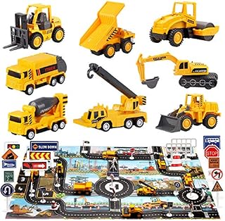aovowog Construction Vehicles Toys Set for 3 4 5 6 7 Years Old Toddlers Boys , 8 Mini Alloy Engineering Trucks Toys,22.7x32.7Inch Play Mat,Christmas Birthday Gift for Boys, Girls, Kids and Toddlers