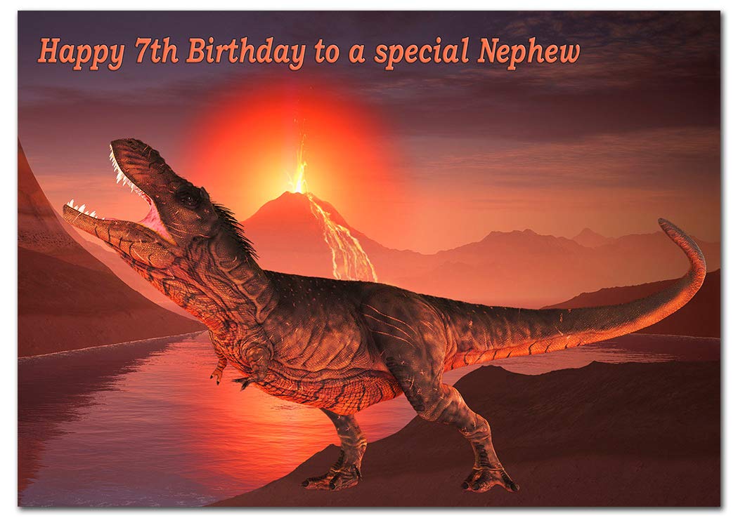 Extra Large Dinosaur Nephew 7th Birthday Card - 7 Year Old Boy - XL Big thick A4 size - T-Rex Dino Greeting - Young Children Child Schoolboy - Cool Art - Huge Happy Wishes - UK Eco-Friendly