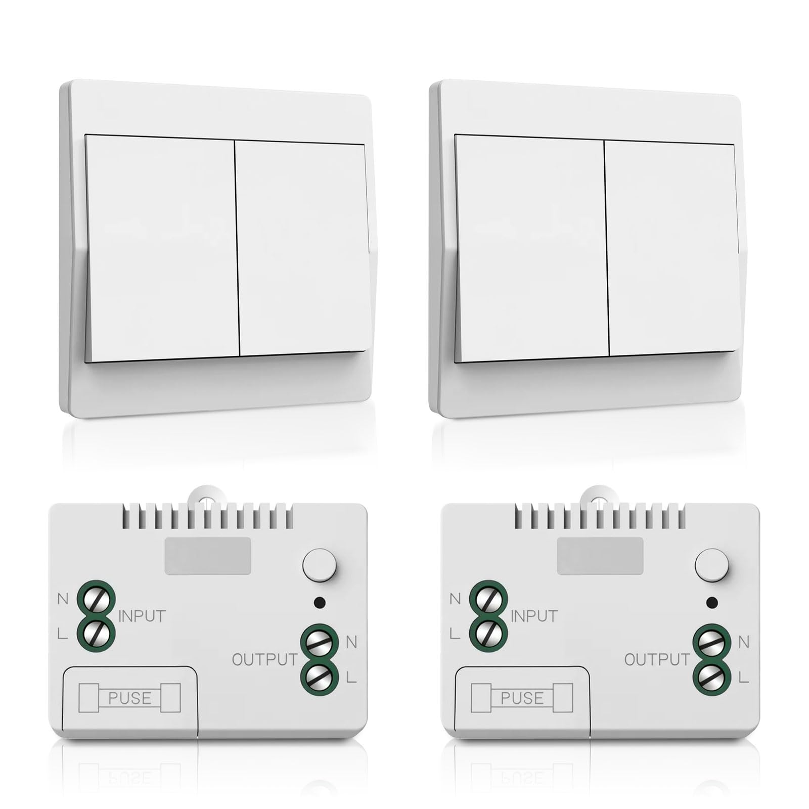 230V Funkschalter Set (Weiß, 2-Gang),Kabelloser Lichtschalter mit 2 Tasten + 2 Empfänger, batterieloser Sender, einfach montagefrei - perfekte Lichtsteuerung für Wohnzimmer, Schlafzimmer, Flur
