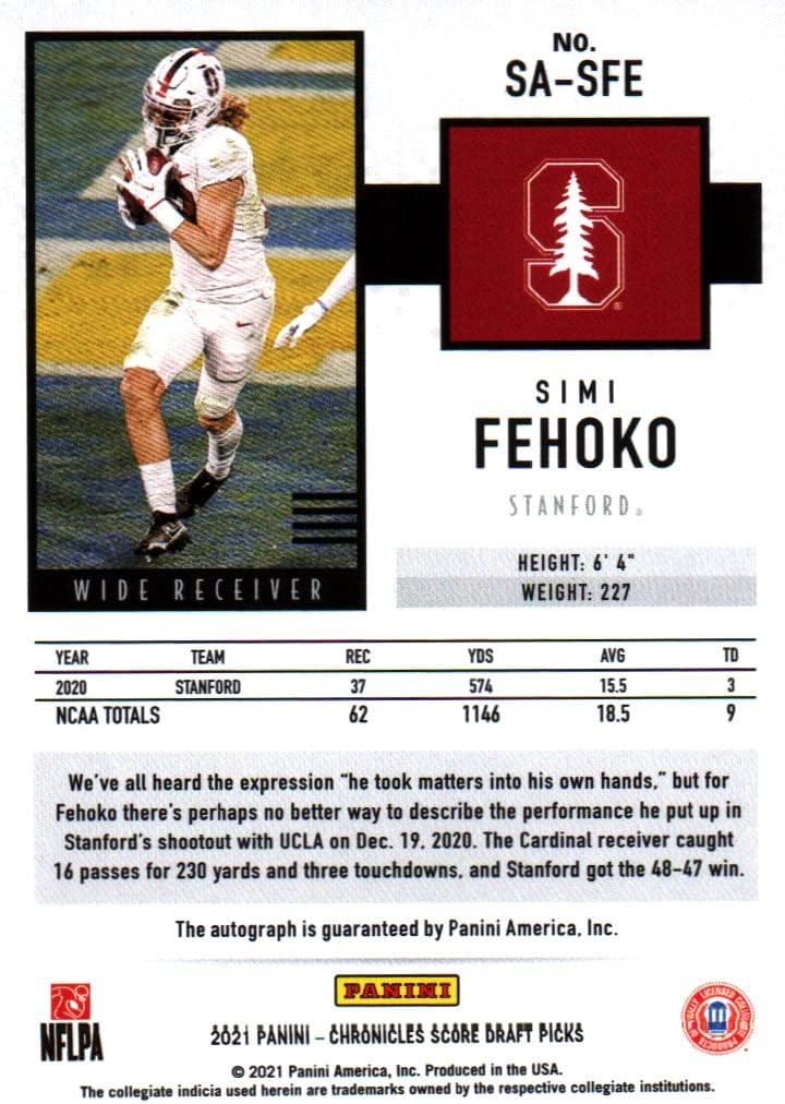 Simi Fehoko Autographed Score Rookie Card Collectible Football Card - 2021 Panini Chronicles Score Draft Picks Football Card #SA-SFE (Stanford) Free Shipping & Tracking