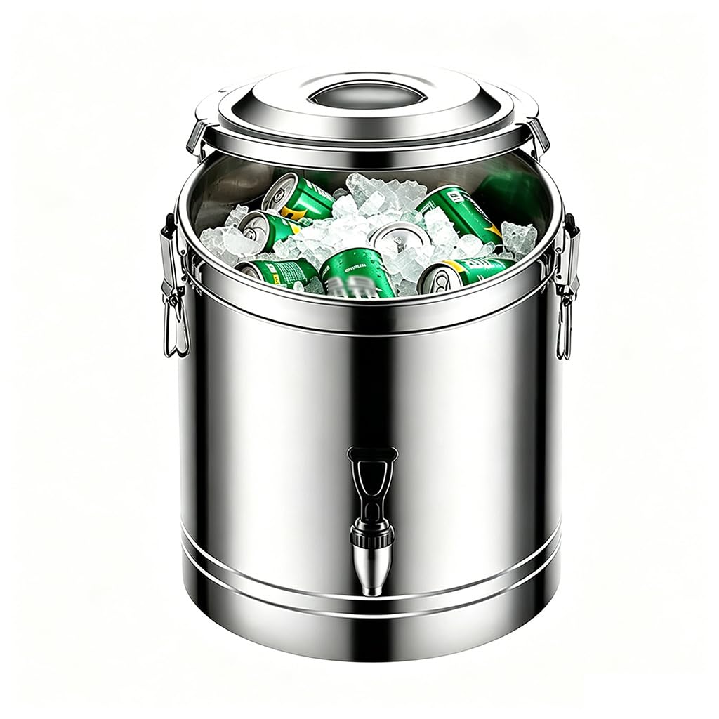 Isolierter Eiskübel mit Deckel, 304 Edelstahl, doppelwandiger Kaltgetränkebehälter, eingebauter Wasserhahn für einfache Dosierung, für Partys, Grillen oder Hausbar (Silber, 20 l)