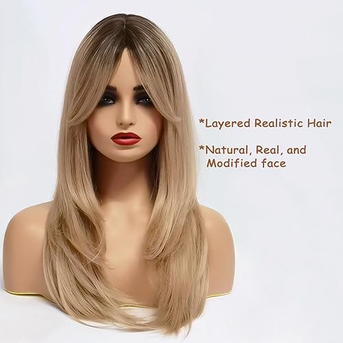 Miniatura 8 de Peluca larga negra para mujer, con flequillo, peluca en capas, longitud al hombro, resistente al calor, pelucas sintéticas para mujeres con