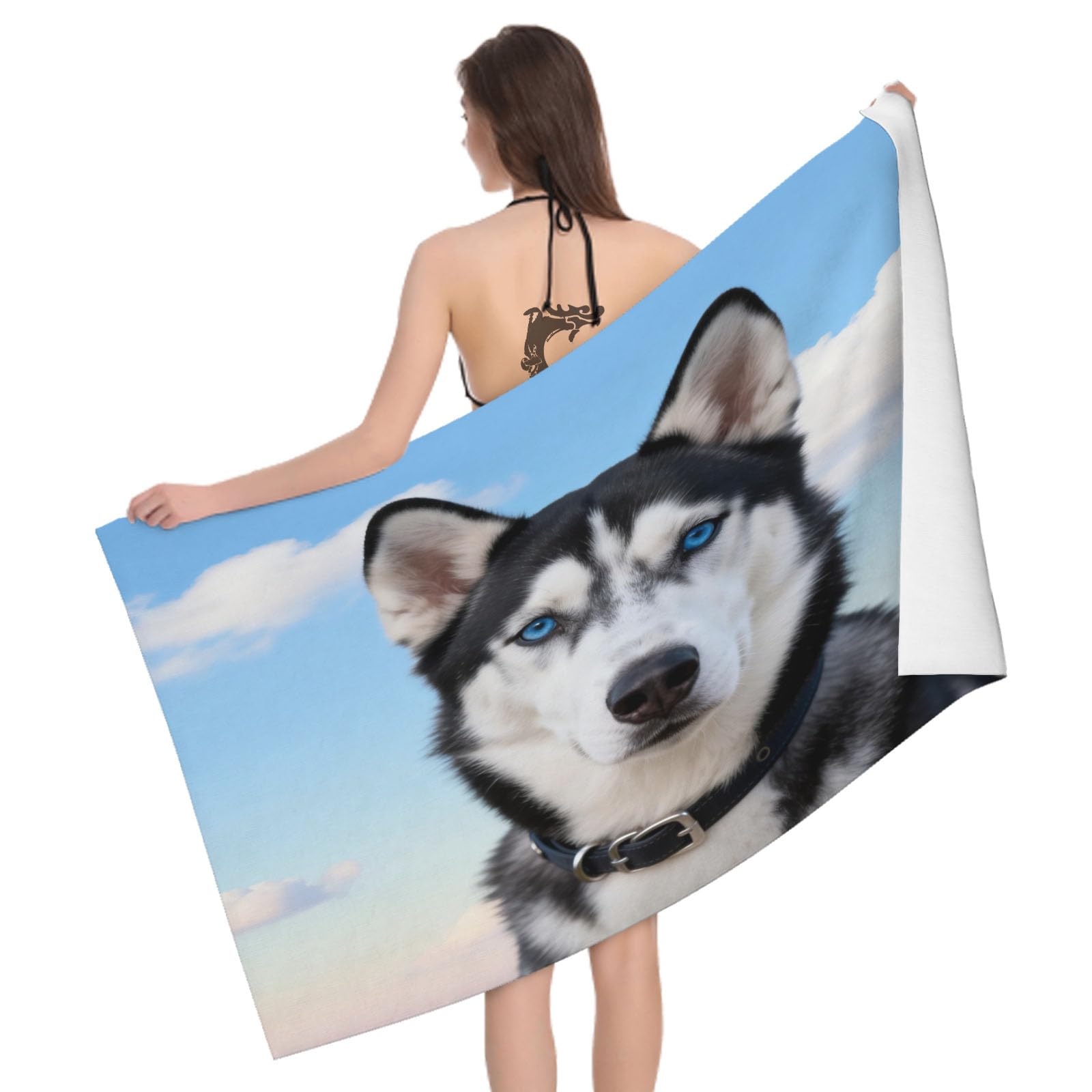 Leichong 3D Siberian Husky Beach Towel Large Microfiber Soft Quick Dry for Adults, Dog Bath Towel Lightweight Soft Absorbent for Travel Swimming Pool Sports, 180 x 90 cm